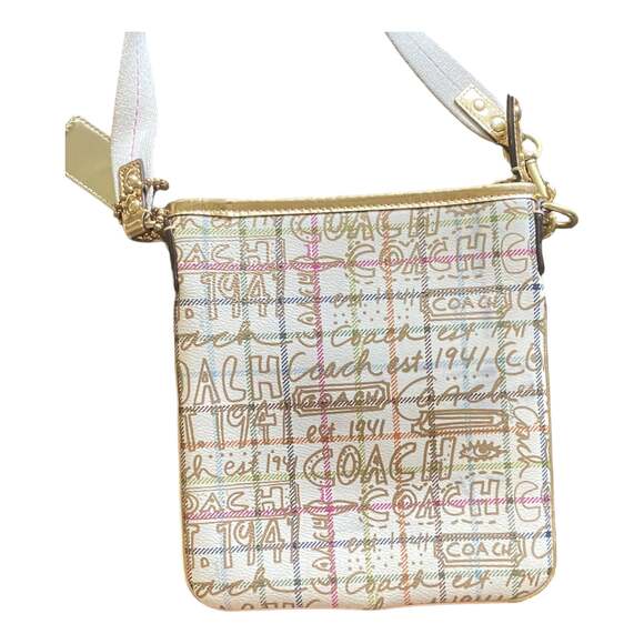 COACH Script Signature Graffiti Small Crossbody Bag Khaki Metallic Canvas Y2K - Picture 7 of 12